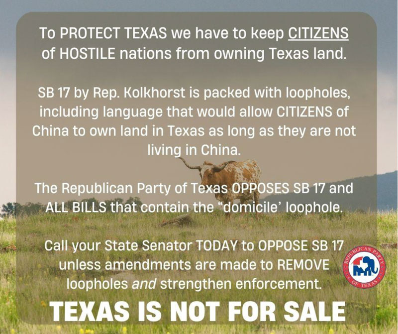 89th Session | Prevent Hostiles from Buying Texas Land 